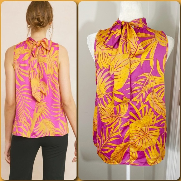 ENTRO Vibrant Fuchsia & Yellow Tropical Leaf Print Sleeveless Halter Top -MEDIUM - Picture 7 of 10